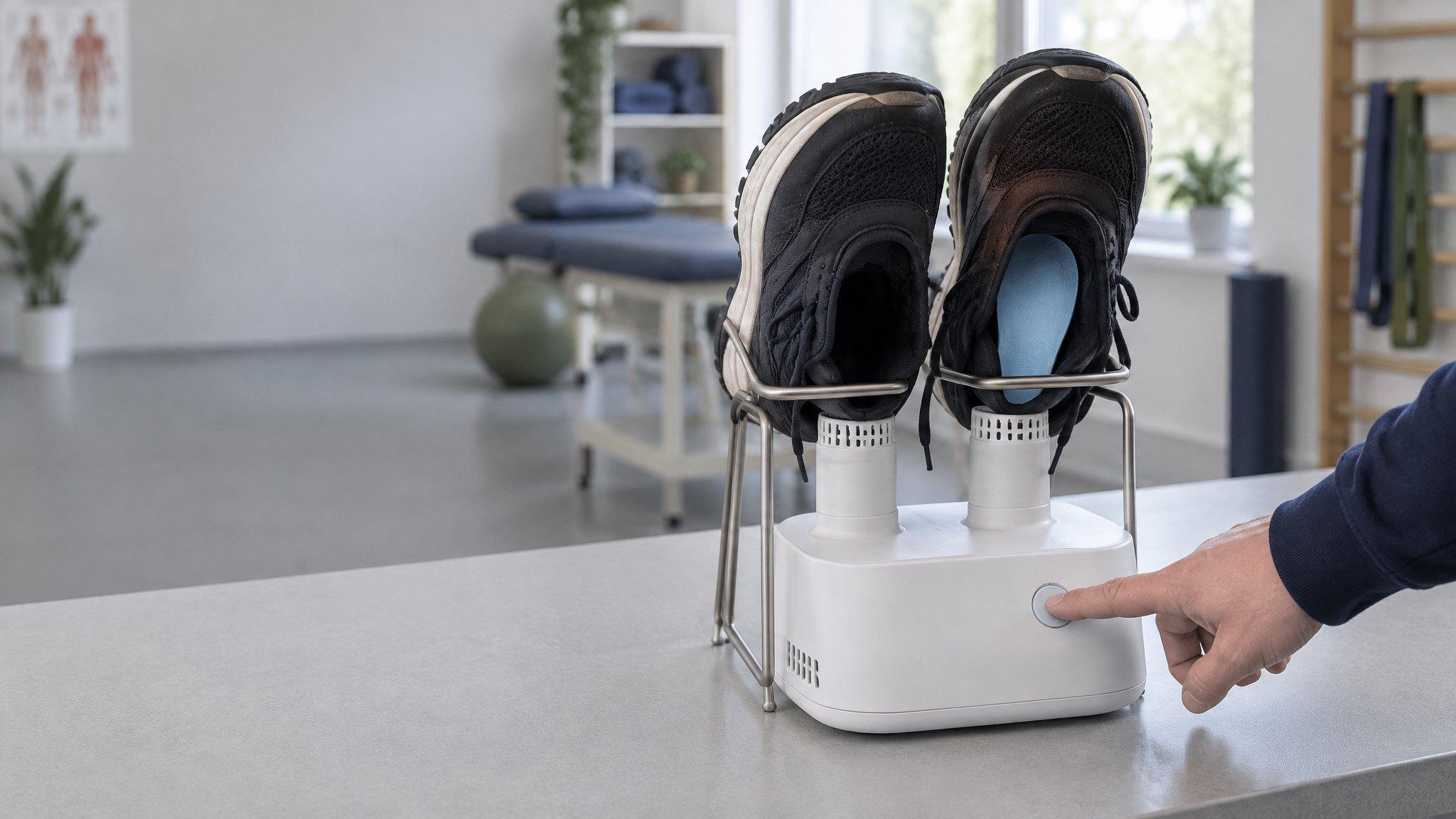 Zwei Sportschuhe mit hellblauen Einlagen stecken kopfüber auf einem Warmluftgerät, ein Finger drückt den Startknopf